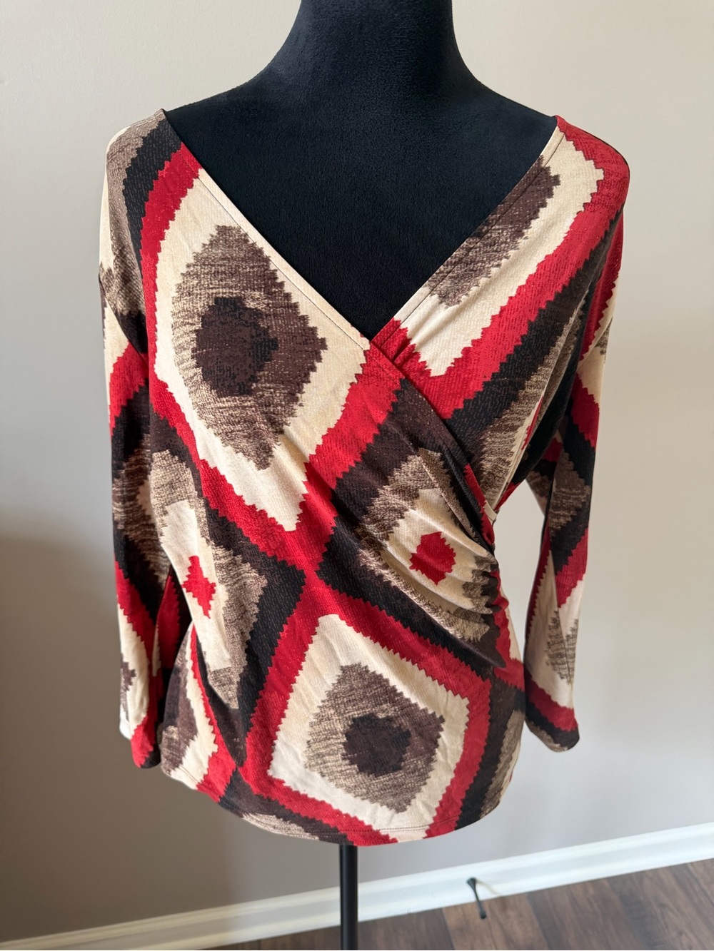 Lauren Ralph Lauren Red, Brown & Cream Wrap-Style Geometric Top Large